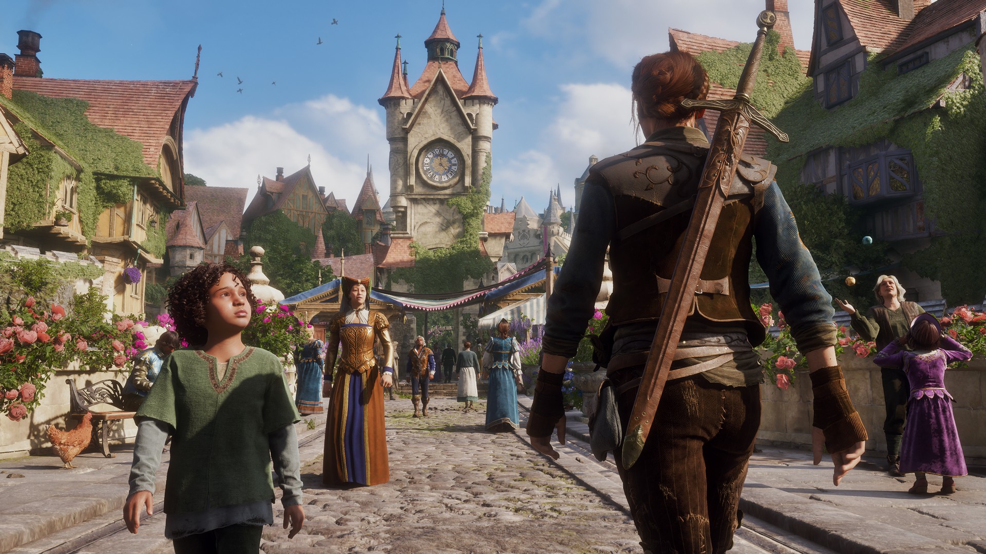 The Hero walks through a quirky, fairytale-looking town in Fable (2027) for Xbox Series X filled with citizens, with a big clocktower in the distance