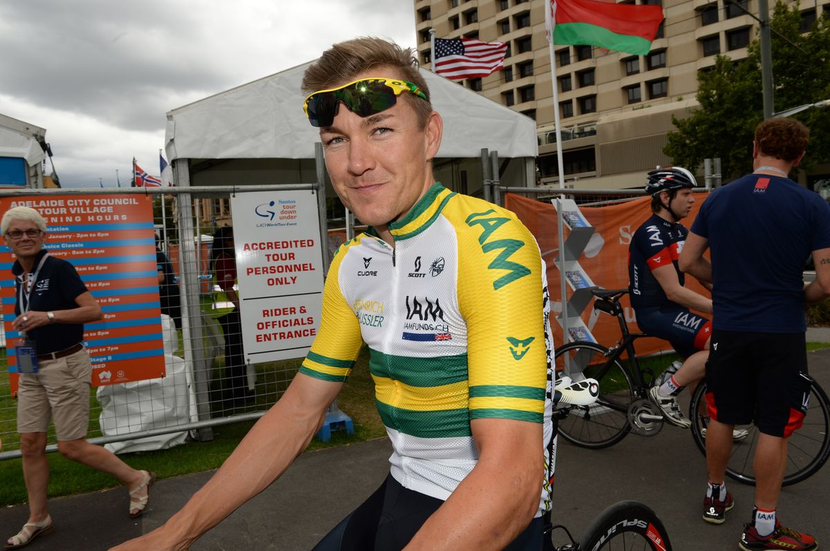 Heinrich Haussler at the 2015 Tour Down Under in the Australian champion's jersey.