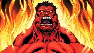 A comic book still showing a huge red-skinned man with an angry expression, surrounded by fire.