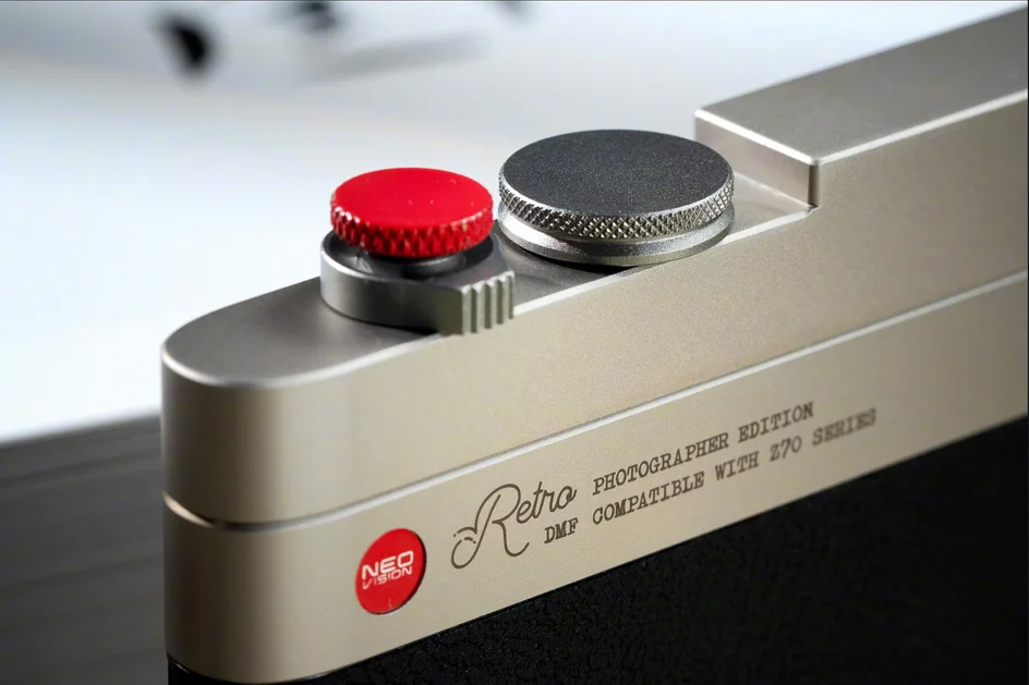 Nubia Z70S Ultra smartphone in the retro camera kit case, closeup of the physical shutter