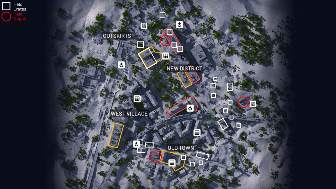 Arc Raiders Field Depot Crate locations: An annotated Buried City map using red circles to show the location of Field Depots and white squares to represent field crates.