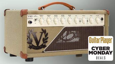 A photo of the Victory Amplification V40 Deluxe The Duchess head — Sweetwater Special Edition tweed model