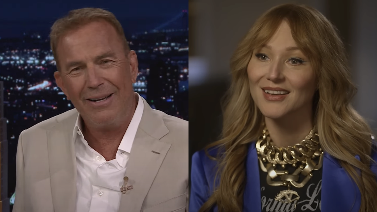 Side by side image of Kevin Costner smiling while responding to Jimmy Fallon on The Tonight Show next to Jewel smiling during interview on PBS&#039; Firing Line