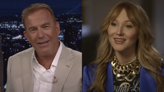 Side by side image of Kevin Costner smiling while responding to Jimmy Fallon on The Tonight Show next to Jewel smiling during interview on PBS' Firing Line