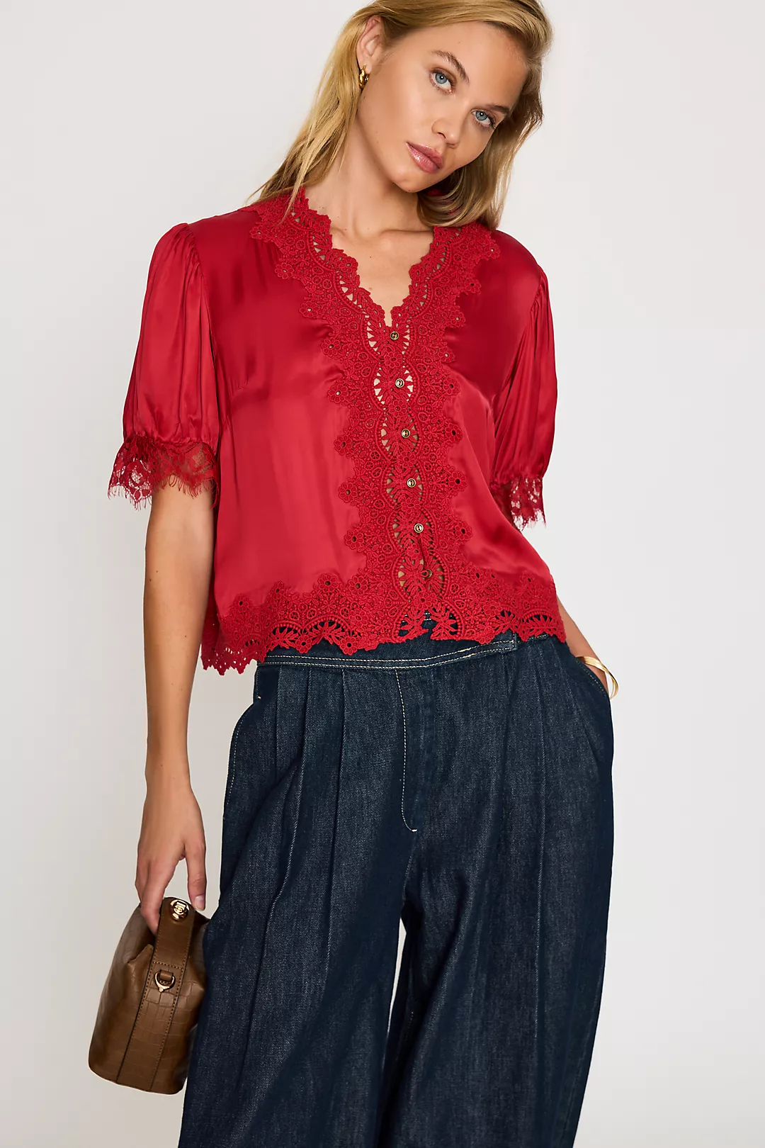 Anthropologie, Stella Satin Lace-Trim Blouse