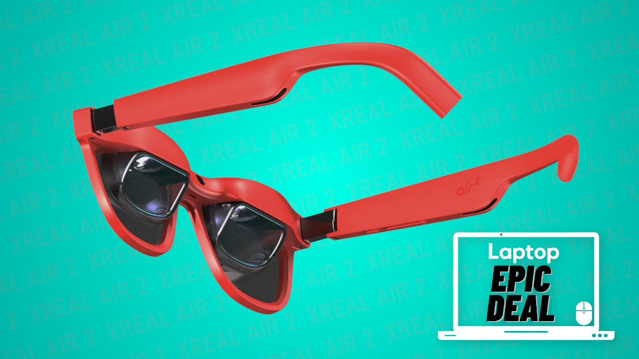 Image of XREAL Air 2 AR glasses, wearable displays that use bird bath optics to superimpose content into your field of vision, in red showing a 3/4 rear view of the optics and frames on a teal backdrop with the Laptop Mag 'Epic deal' logo and the words 'XREAL Air 2' repeated in the background.