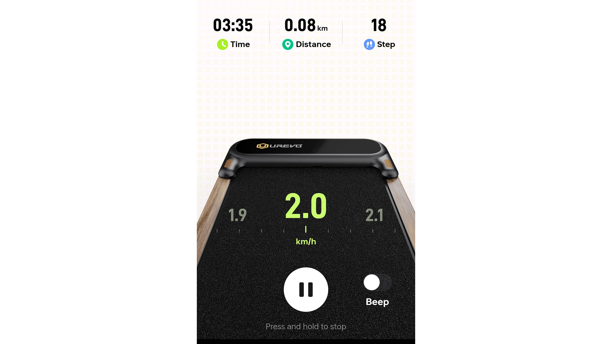A screenshot of the real-time workout stats on the Urevo app