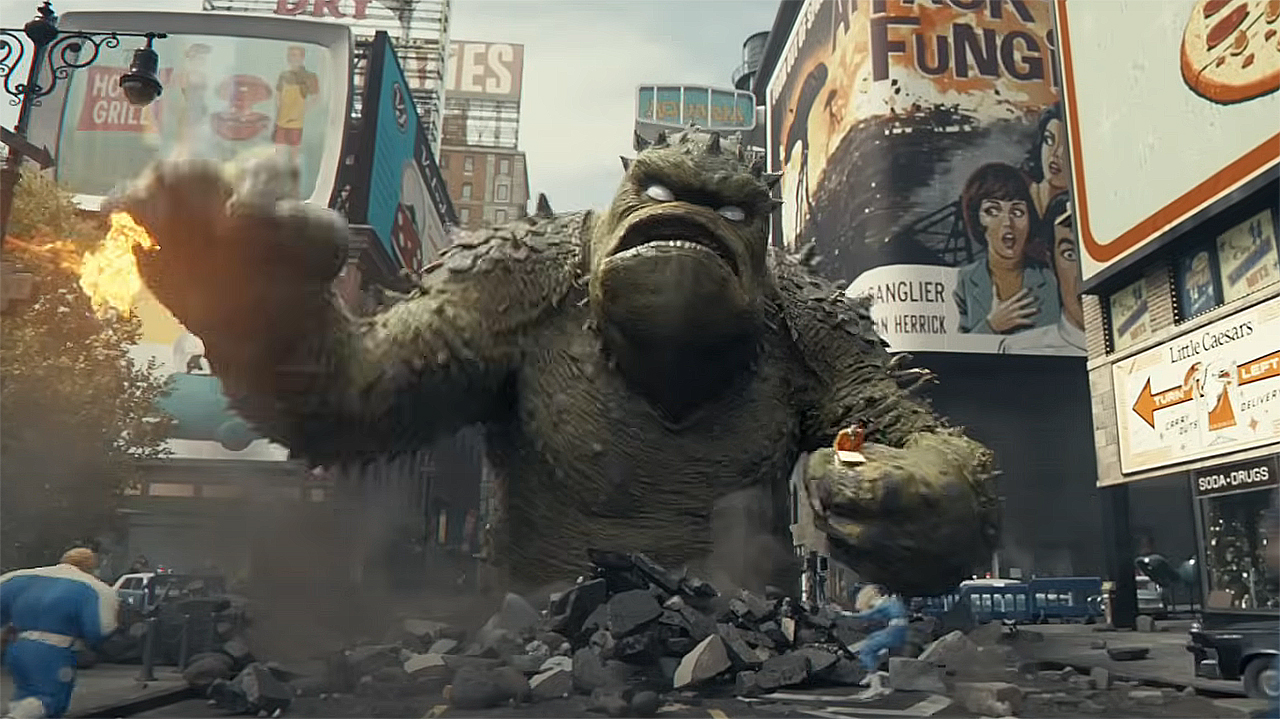 Giganto bursting out of the ground and holding a New York civilian in its left hand in The Fantastic Four: First Steps