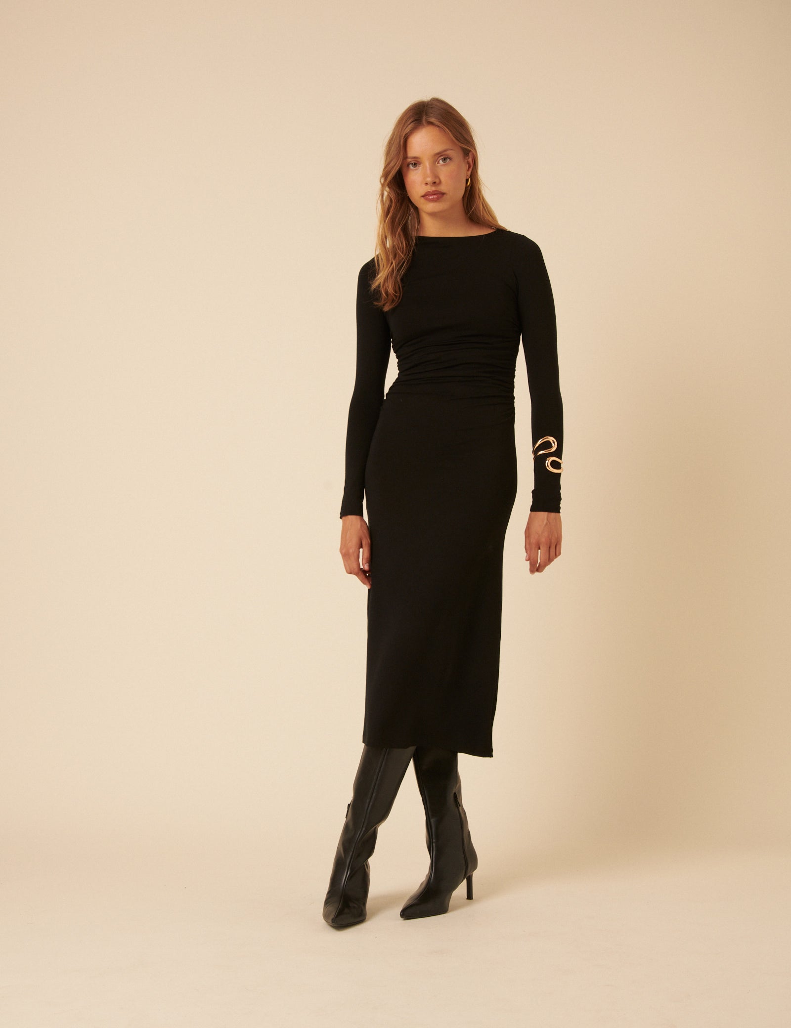 Black Long Sleeve Ruched Laurella Midi Dress