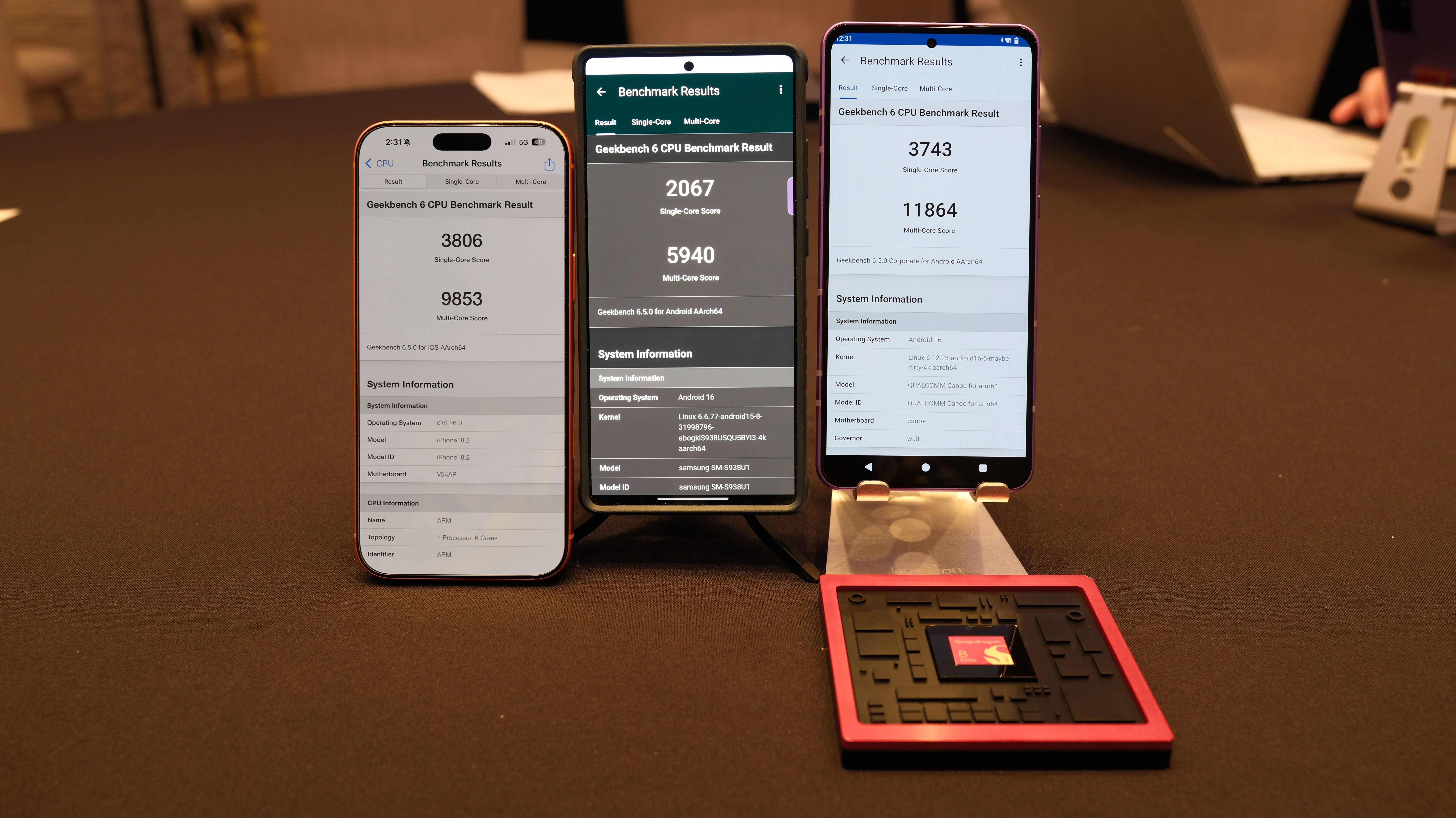 An iPhone 17 Pro Max, Galaxy S25 Ultra, and Snapdragon 8 Elite Gen 5 reference phone side by side with GeekBench on screen