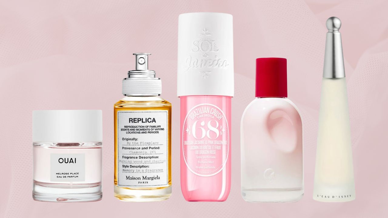 A selection of the Best Cheap Perfumes from OUAI, Maison Margiela, Sol de Janeiro, Glossier and Issey Miyake/ in a pink template