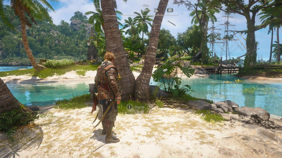 Black Flag treasure maps: Edward standing on a small island with two palm trees ahead of him.