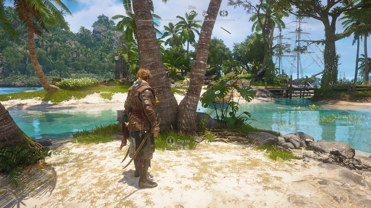 Black Flag treasure maps: Edward standing on a small island with two palm trees ahead of him.