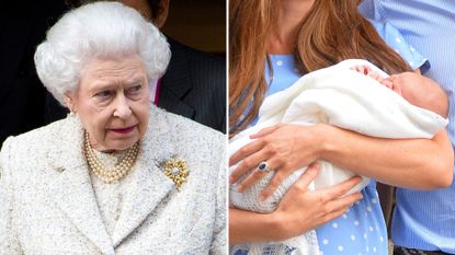 A composite of a picture of Queen Elizabeth in June 2013 and a picture of baby Prince George on July 23, 2013 