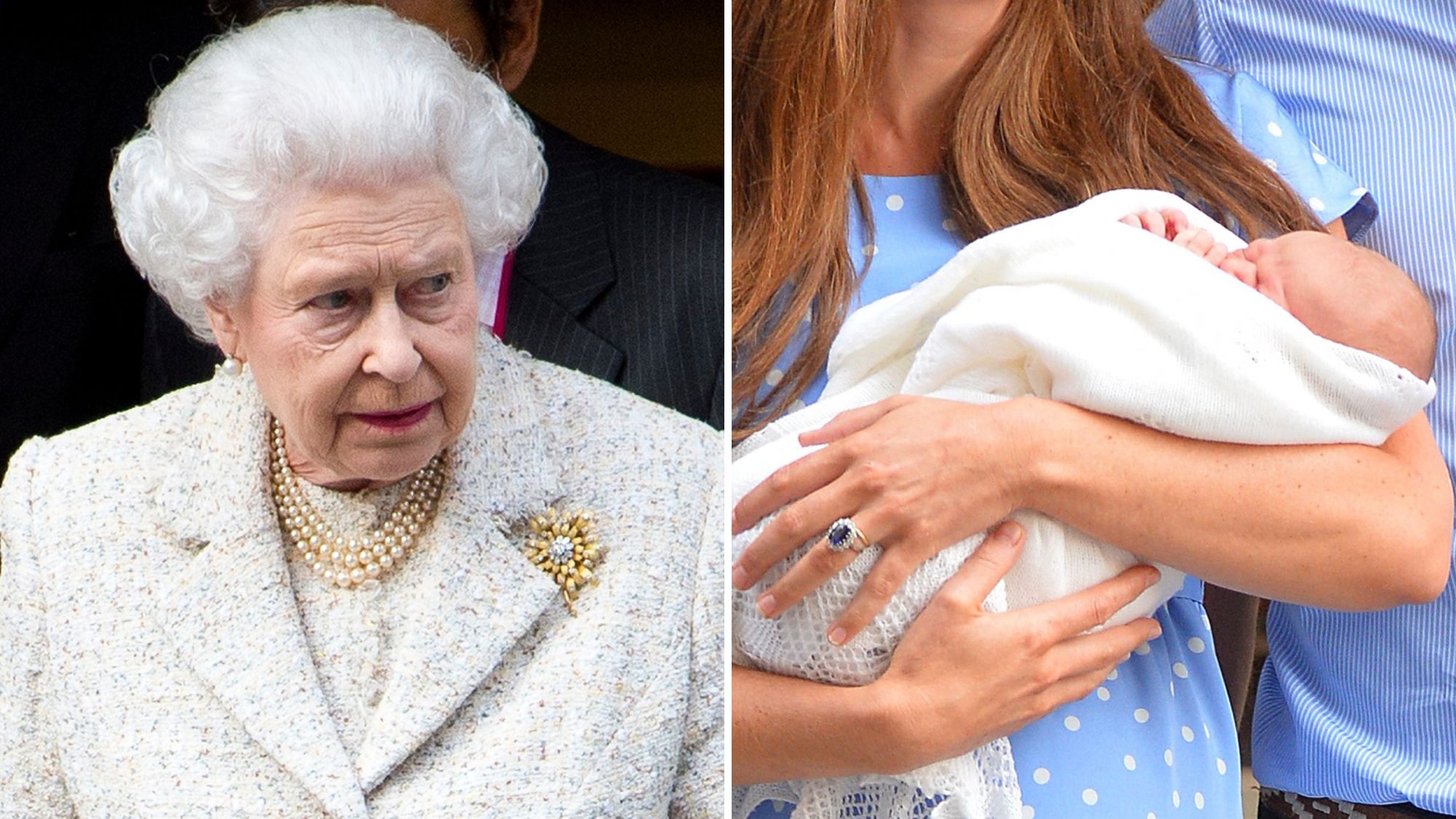 A composite of a picture of Queen Elizabeth in June 2013 and a picture of baby Prince George on July 23, 2013 