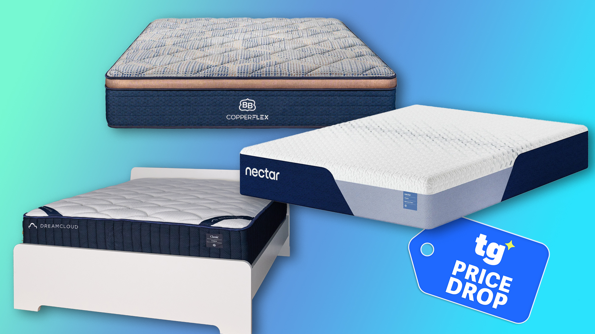 A collage of mattresses from Brooklyn Bedding, Nectar and DreamCloud with a Tom's Guide Price Drop deals badge in the bottom right corner