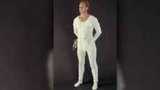 A man models an astronaut undergarment &mdash; known as a Liquid Cooling and Ventilation Garment &mdash; that was designed for the Space Shuttle/International Space Station Extravehicular Mobility Unit, photographed in 1994.