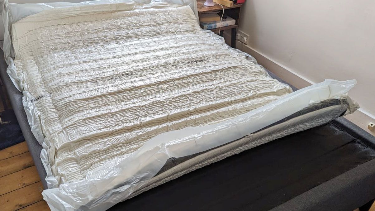 Panda Hybrid Bamboo Mattress, unrolled but still vacuum-packed in reviewer's bedroom