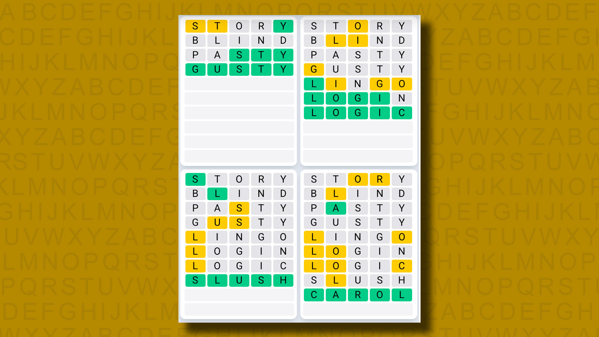 Quordle Daily Sequence answers for game 1124 on a yellow background