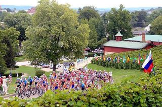 Riders pass by one of the wineries on the way out of Hermann in the Tour of Missouri in 2008.