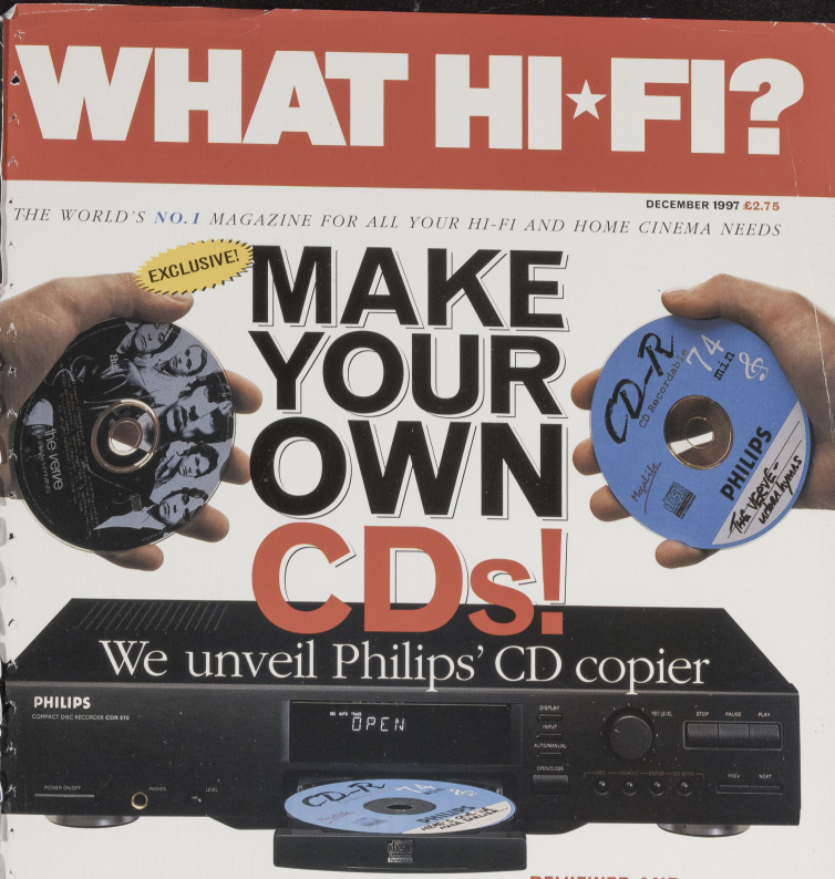 Picture of CDs and CD copier on cover of What Hi-Fi? magazine from 1997