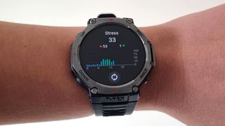 The Amazfit T-Rex 3, a close-up picture of the stress tracker display