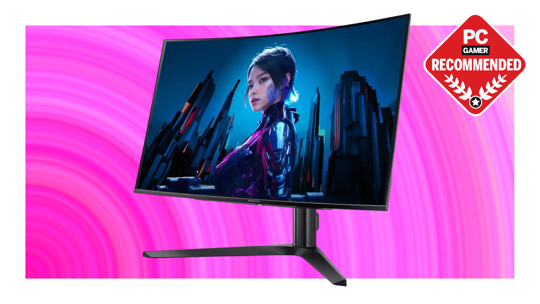An image of an Acer Predator X32X OLED gaming monitor against a multi-colored pink background, with a white border and a PC Gamer Recommended logo.