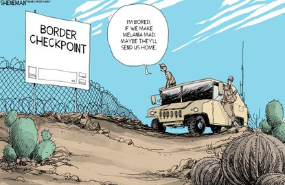 Political cartoon U.S. soldiers Mexico border migrant caravan bored Melania Trump send home