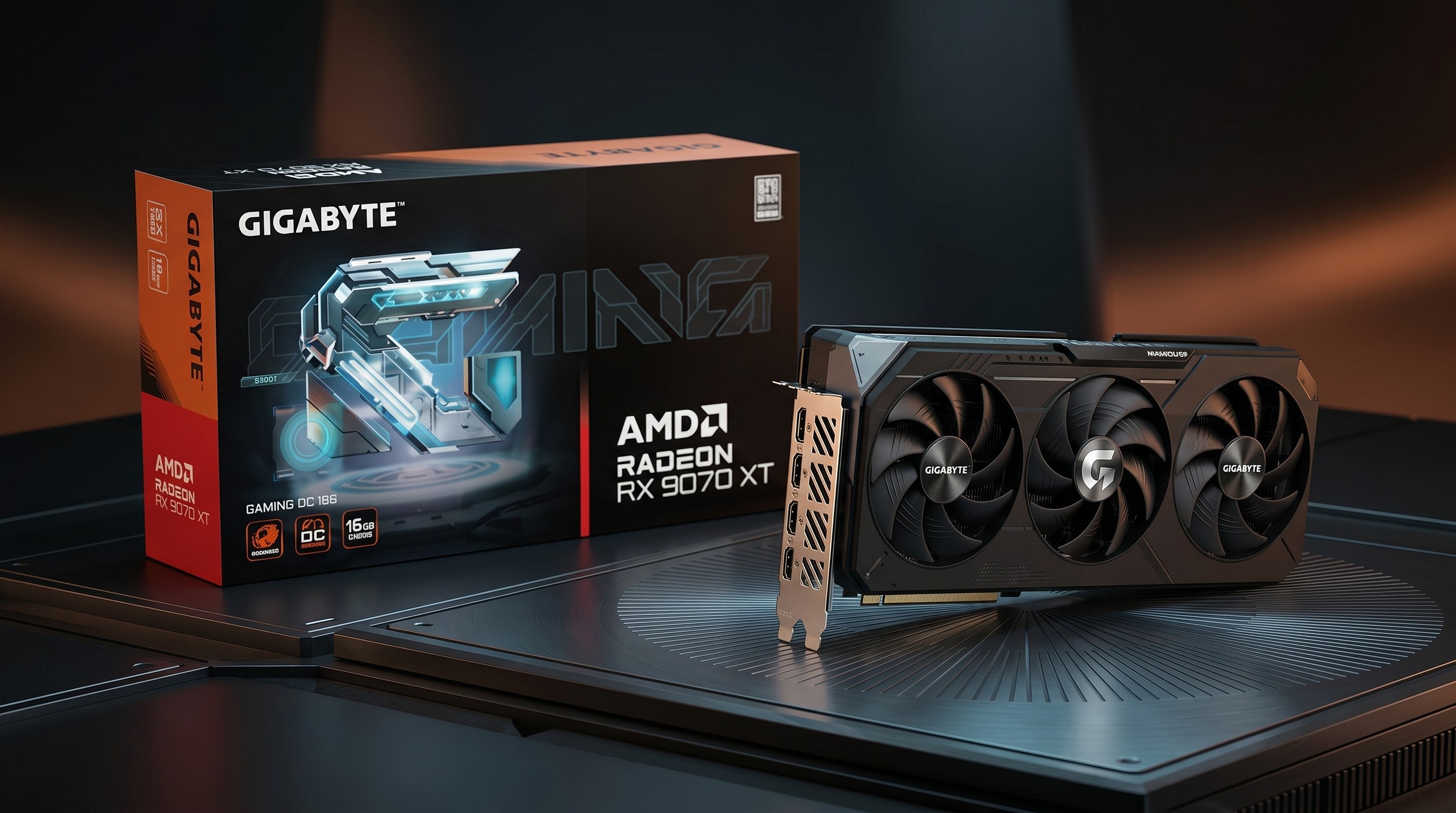 An AMD Radeon 9070 XT and box resting on a black metallic surface
