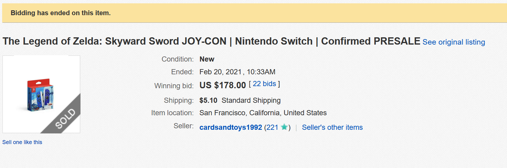 Zelda Joy Con eBay Auction