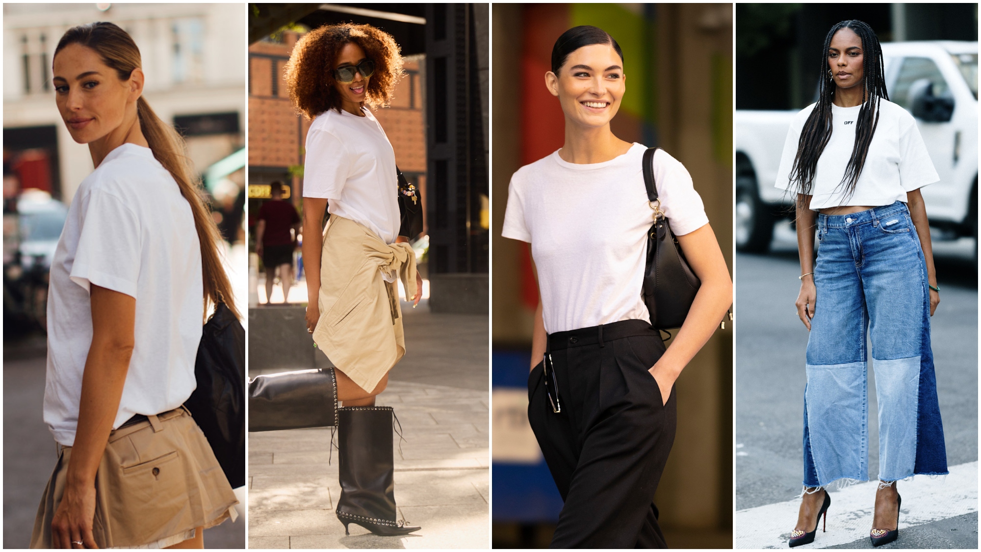 collage of women wearing white t-shirts