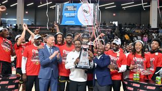 The Alabama State Hornets celebrate winning the 2025 SWAC tournament