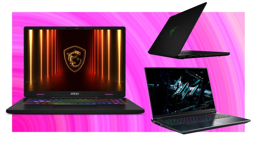 Three gaming laptops on an Amazon Prime Day October deals background, in pink
