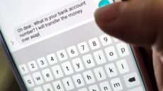 Closeup of a smartphone screen showing text message being sent to a phone scammer