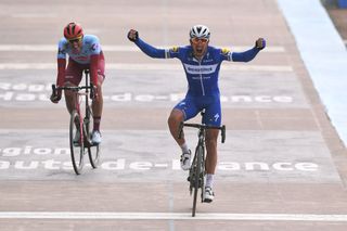 Philippe Gilbert (Deceuninck-QuickStep) wins the 2019 Paris-Roubaix ahead of Katusha-Alpecin's Nils Politt