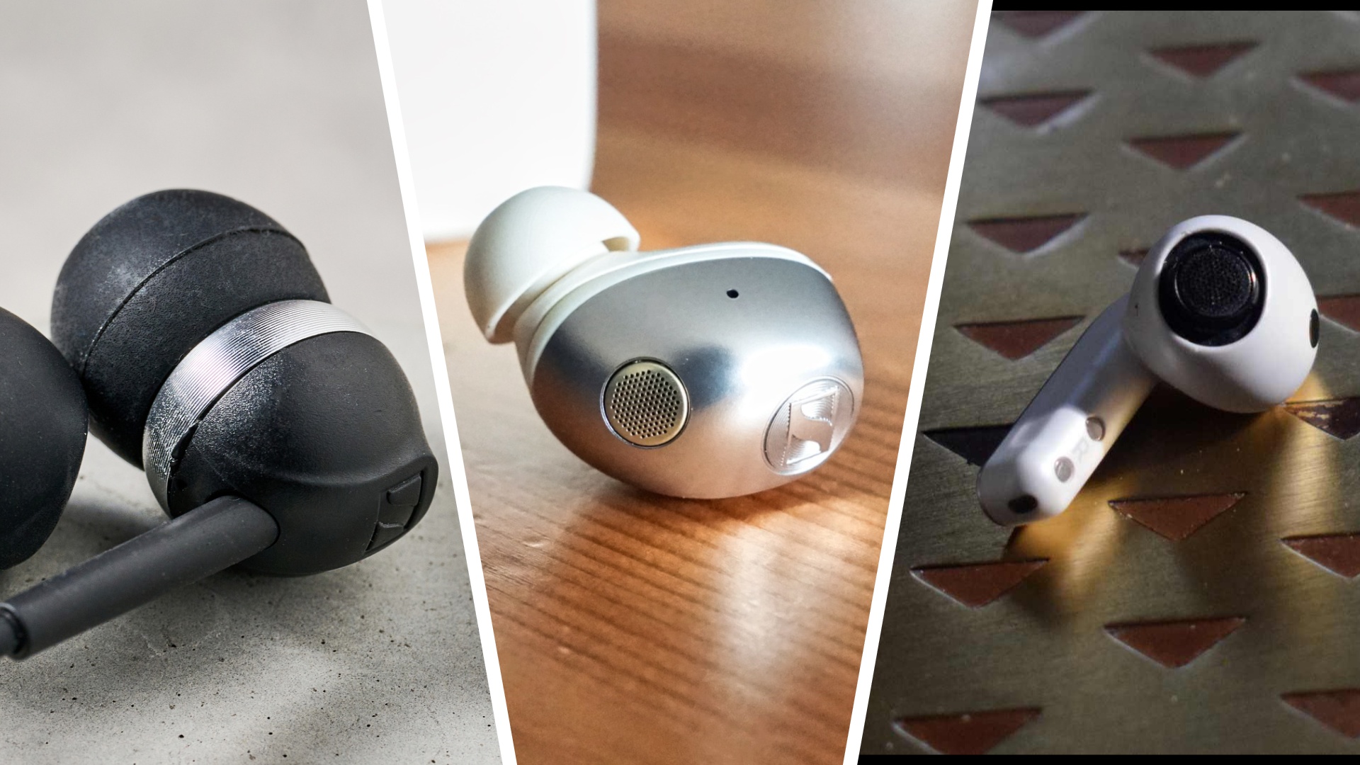 Three different pairs of earbuds