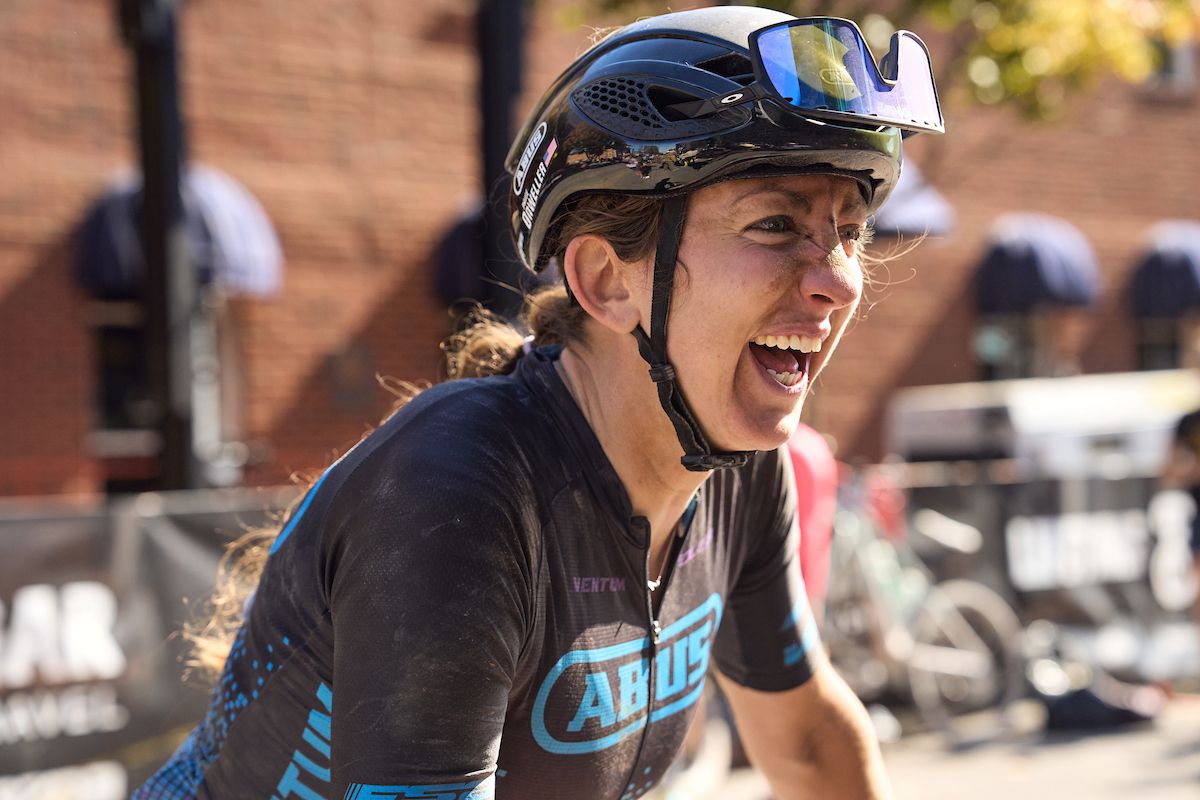 Paige Onweller celebrates her victory after 104 grueling miles