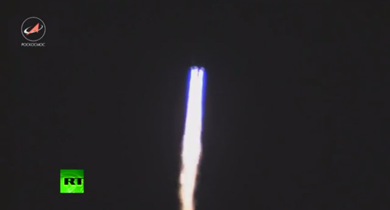 A Russian Proton rocket carrying the advanced Express AM4R satellite launches off a pad at Baikonur Cosmodrome, Kazakhstan early Friday (May 16) local time in this still image from a Russia Today news video. The rocket reportedly crashed back to Earth ni