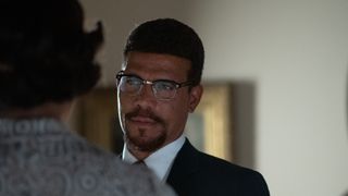 Jason Alan Carvell as Malcolm X talking to Elise in Godfather of Harlem season 3
