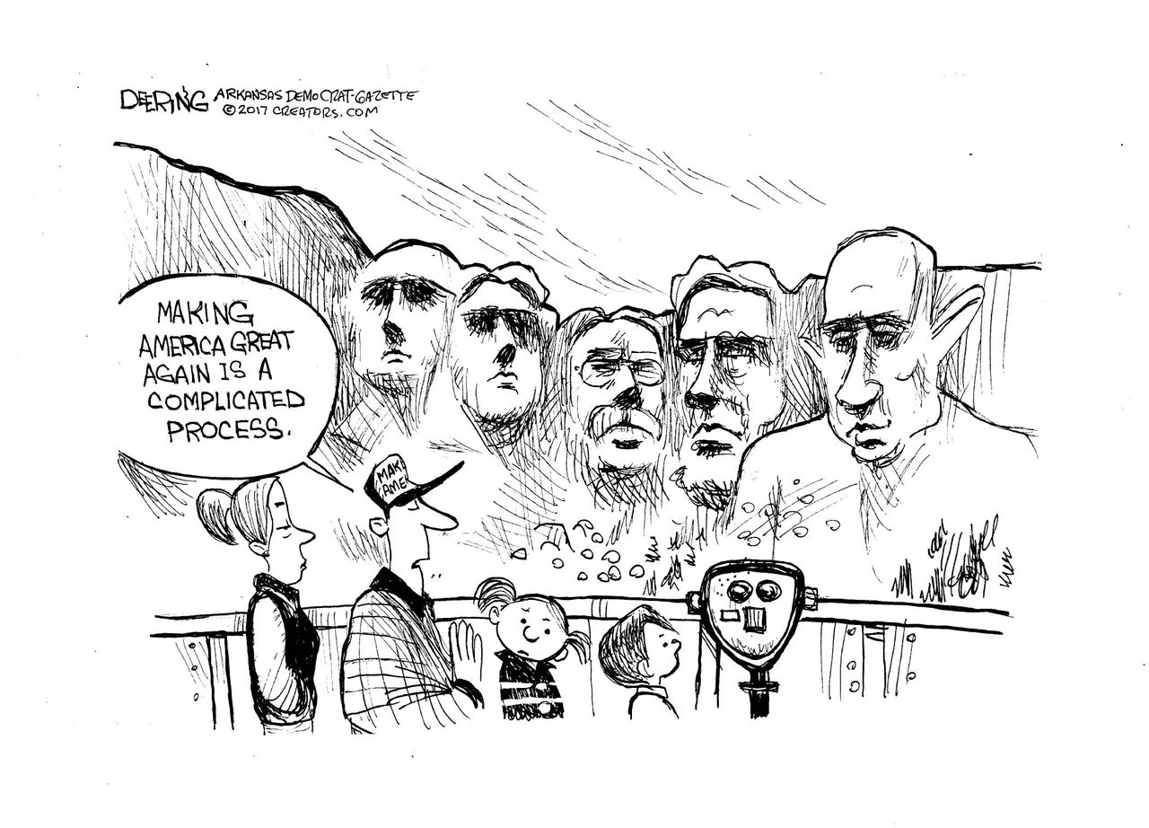 Political cartoon U.S. Trump loyalty MAGA Mount Rushmore Putin Russia investigation