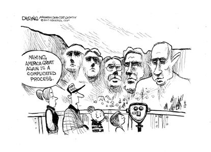 Political cartoon U.S. Trump loyalty MAGA Mount Rushmore Putin Russia investigation