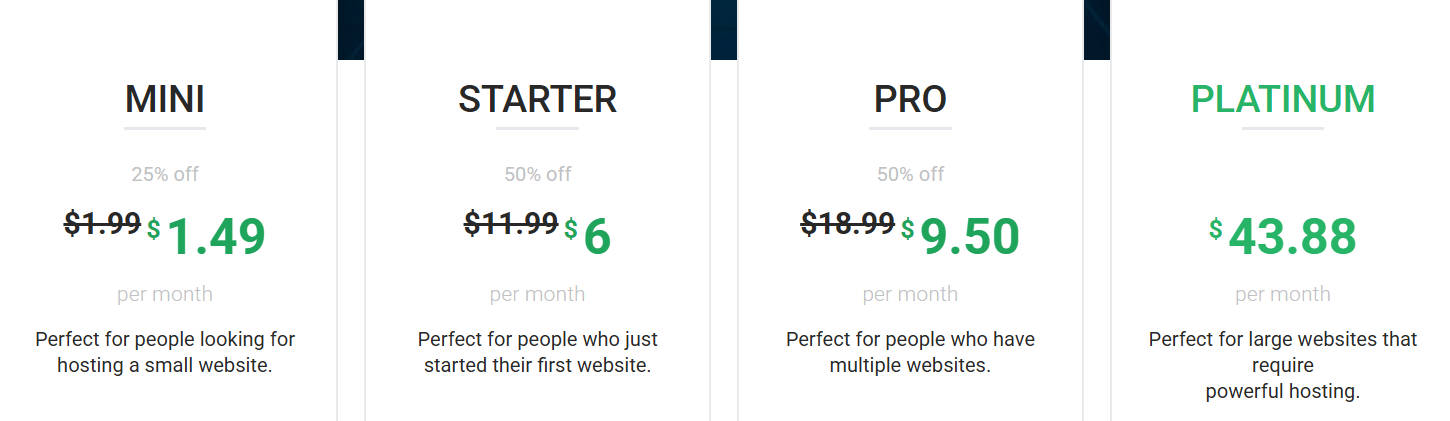 A screenshot of StableHost's hosting plan prices
