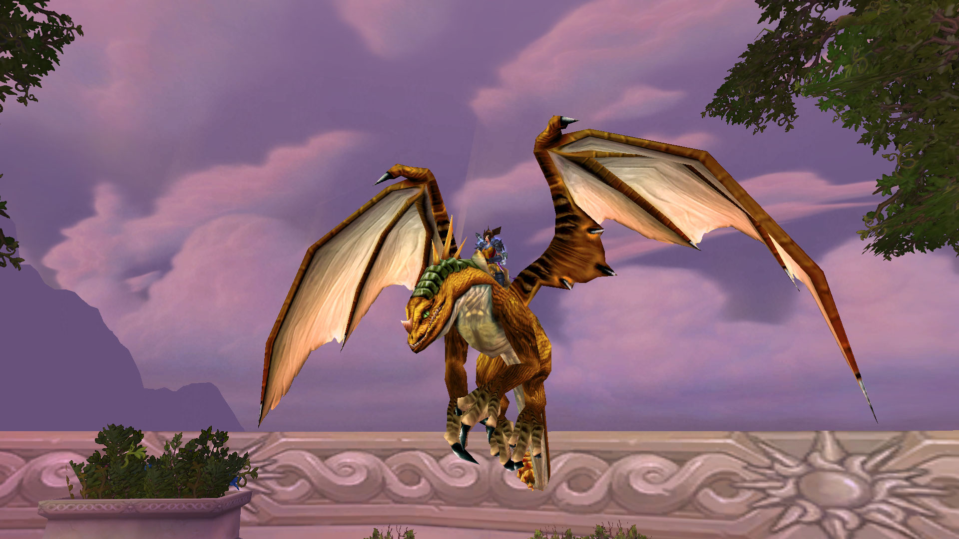 WoW bronze drake hovering about the flight point in Dalaran
