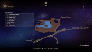 Tales of Arise - a map of Nevira Snowplains showing an owl marker at the center of a lak in the northwest of the map.