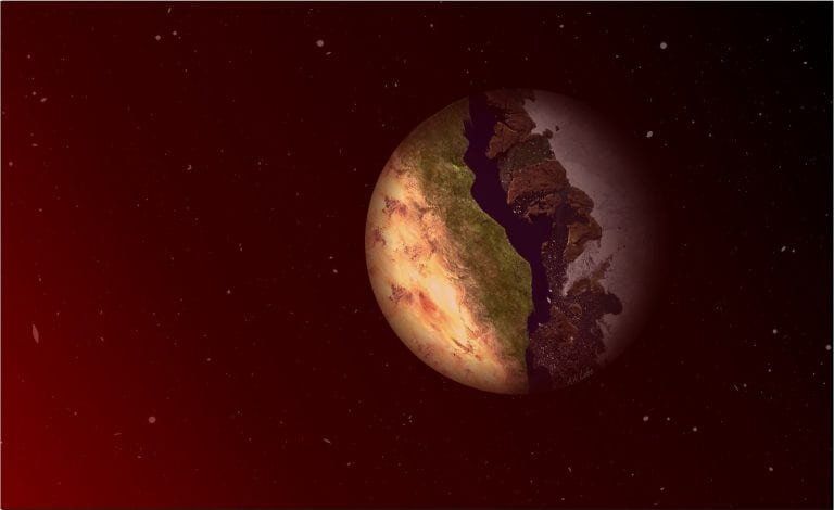 An illustration of an Earth-like planet that is locked with one side always facing its sun, and one side in eternal darkness