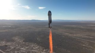 Photo of a Blue Origin New Shepard rocket launching the NS-20 space tourist mission in March 2022.