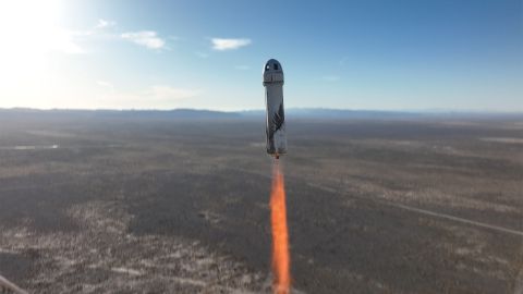 Photo of a Blue Origin New Shepard rocket launching the NS-20 space tourist mission in March 2022.