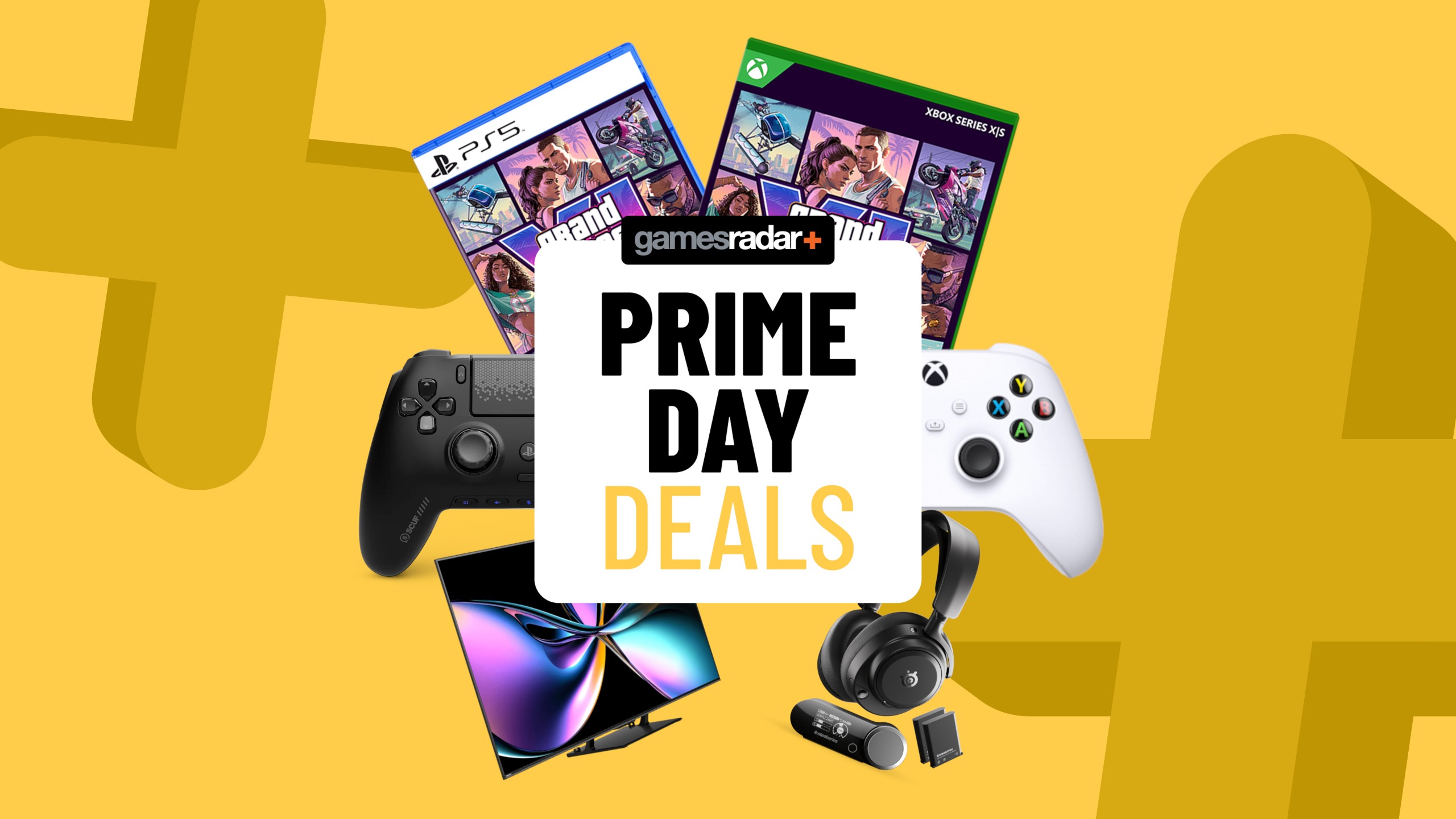 GTA 6 games and accessories on a yellow background with Prime Day badge
