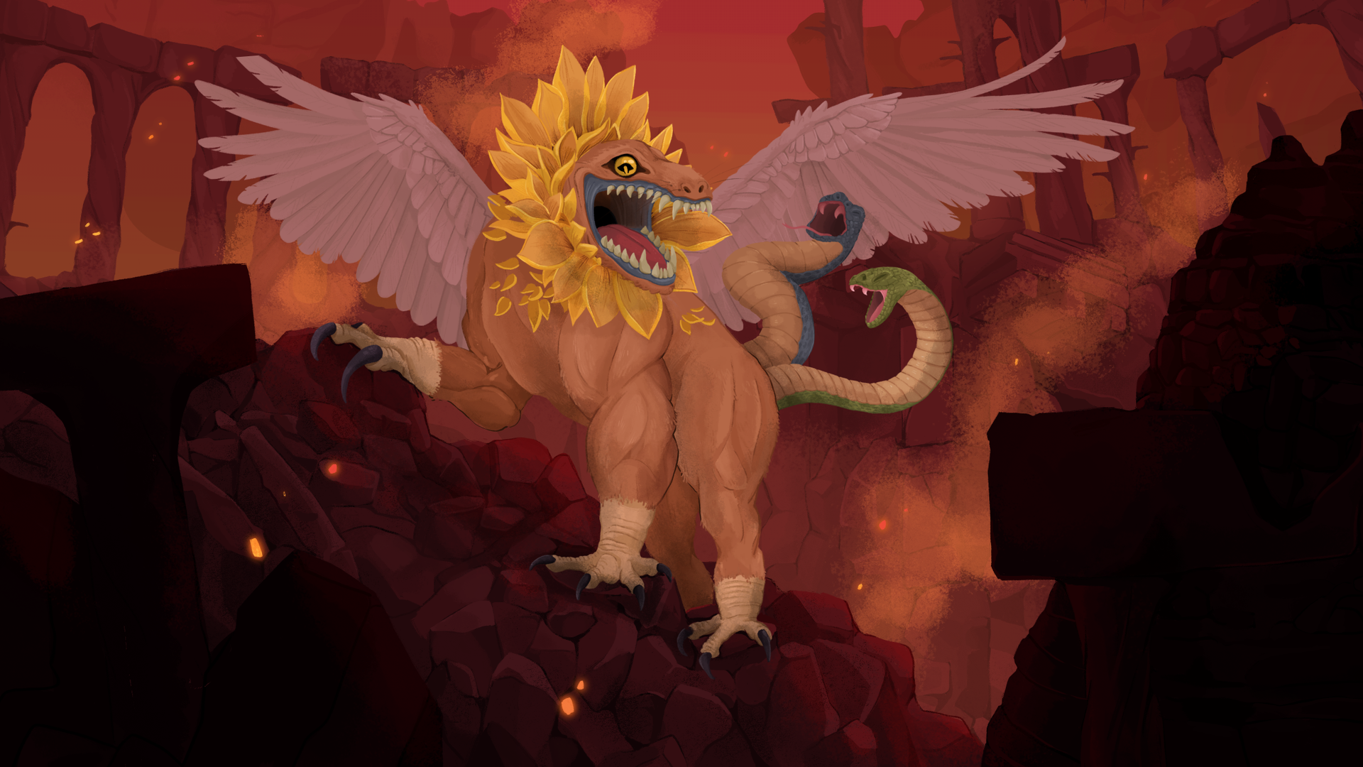 Tanx the ancient from Slay the Spire roars triumphantly, standing amongst rubble.