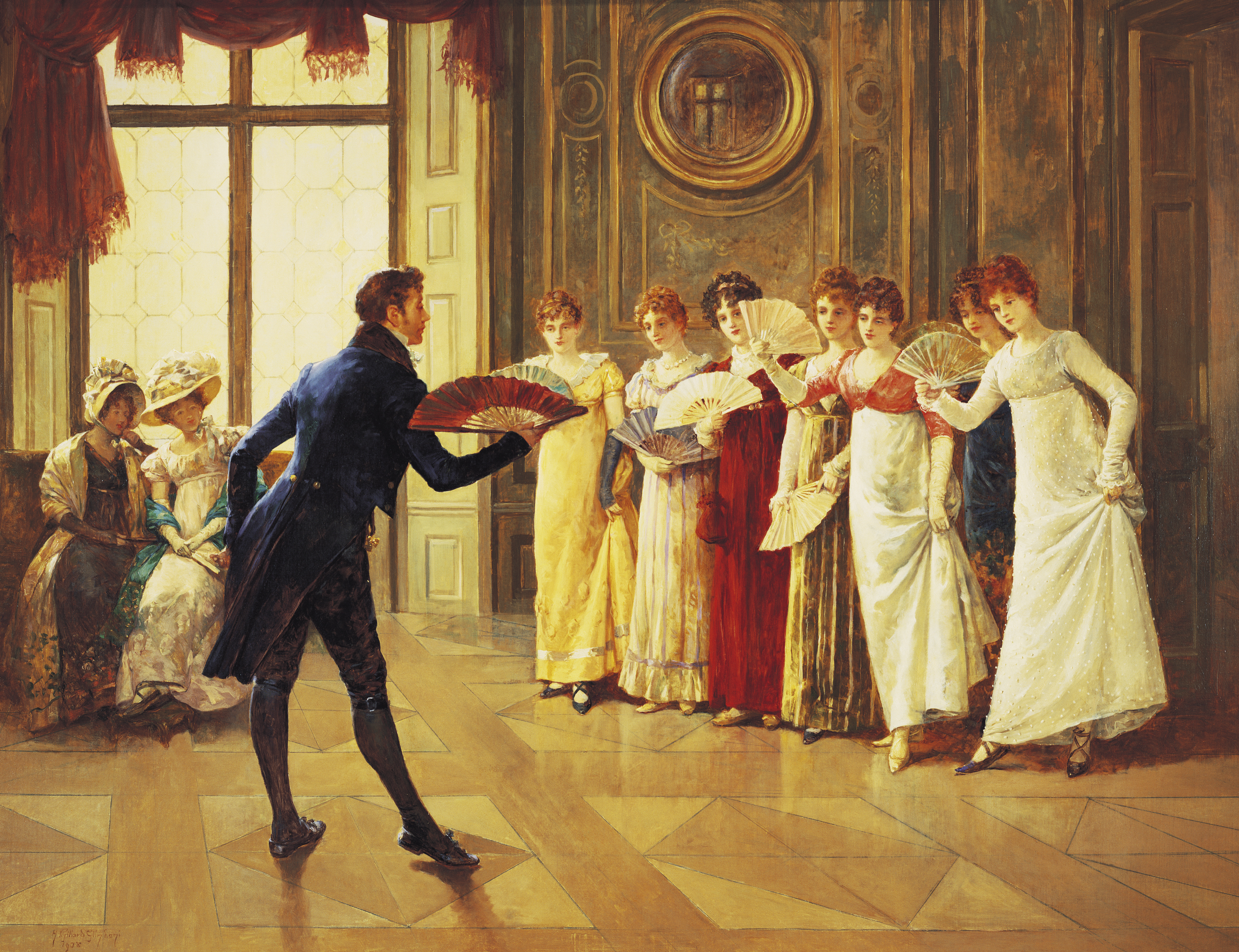 Man with fan presenting himself to group of women with fans, all in Regency style dress. Older ladies in hats sitting on the side under a window.